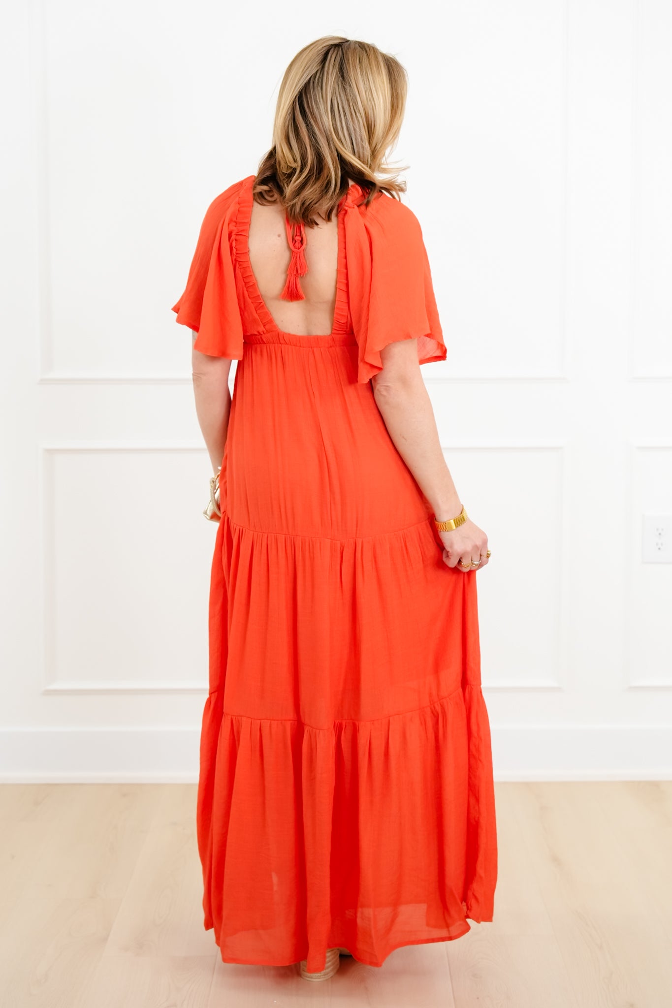 Solid Short Sleeve V-Neck Tiered Maxi Dress Orange / S
