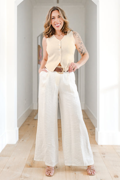 Satin Pleated Wide Leg Pants with Belt