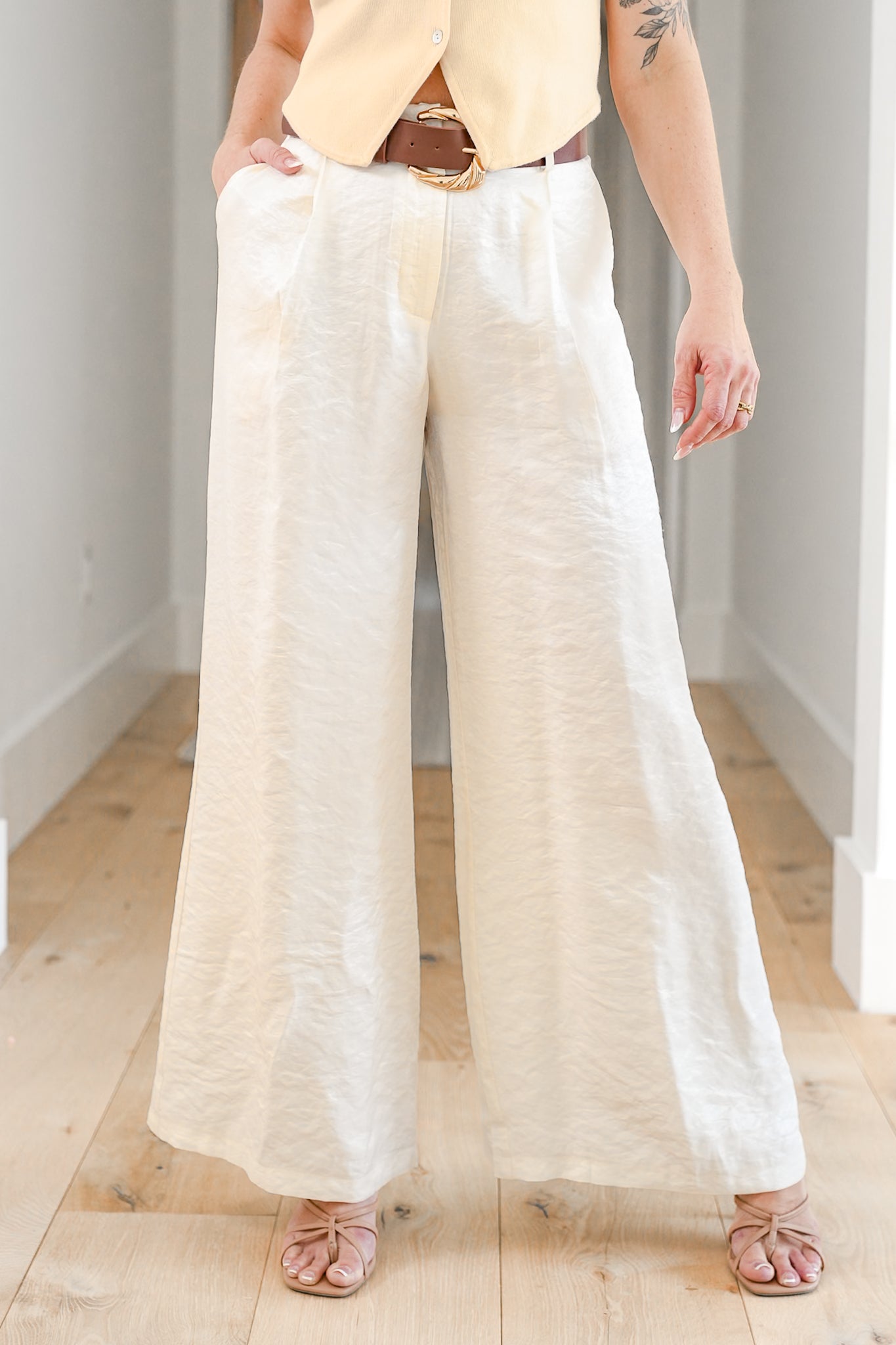 Satin Pleated Wide Leg Pants with Belt