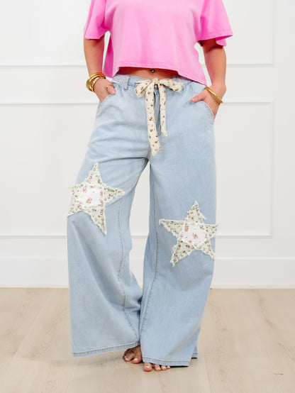 POL Light Wash Star Patch High Waist Wide Leg Pants