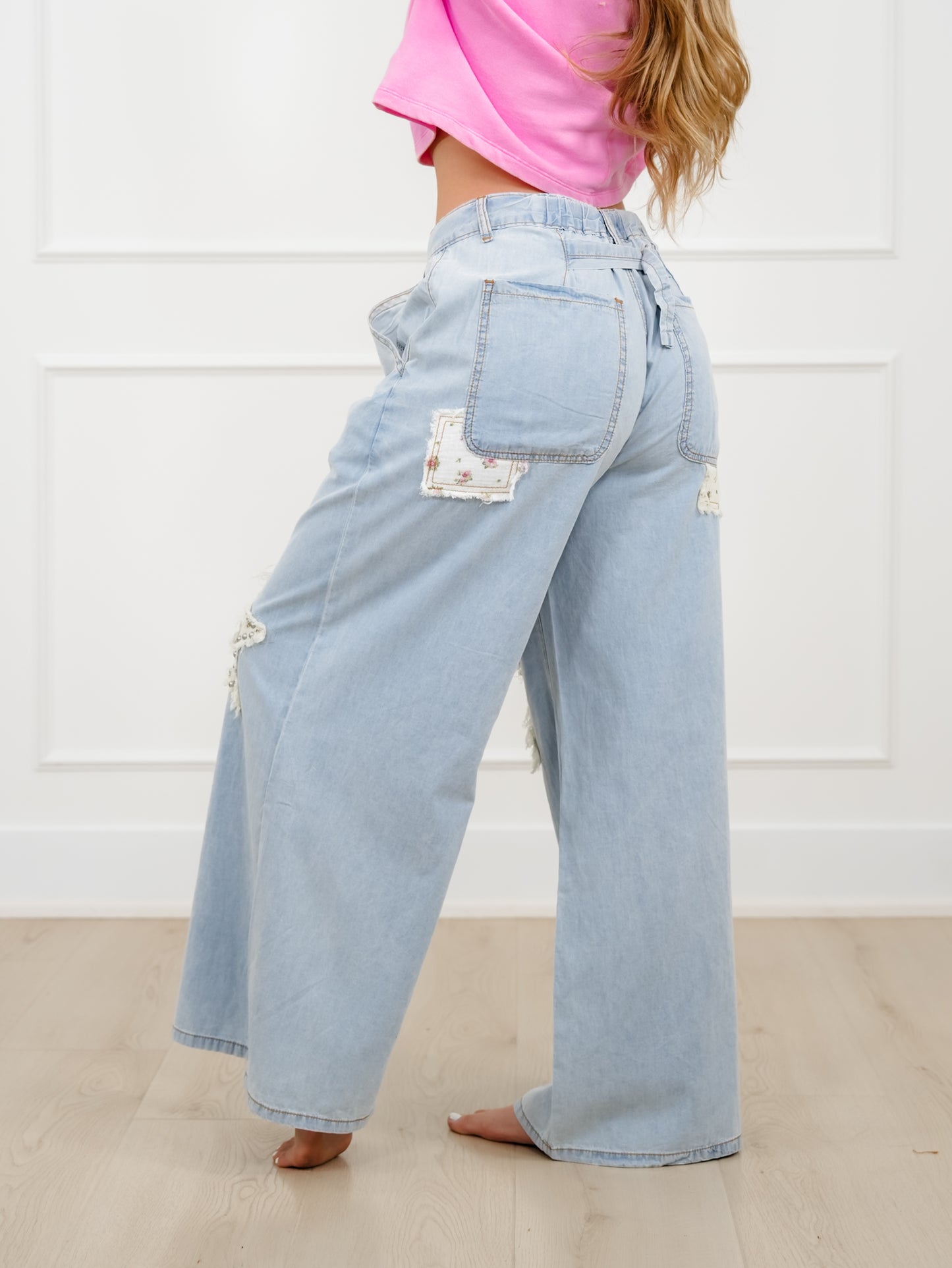 POL Light Wash Star Patch High Waist Wide Leg Pants