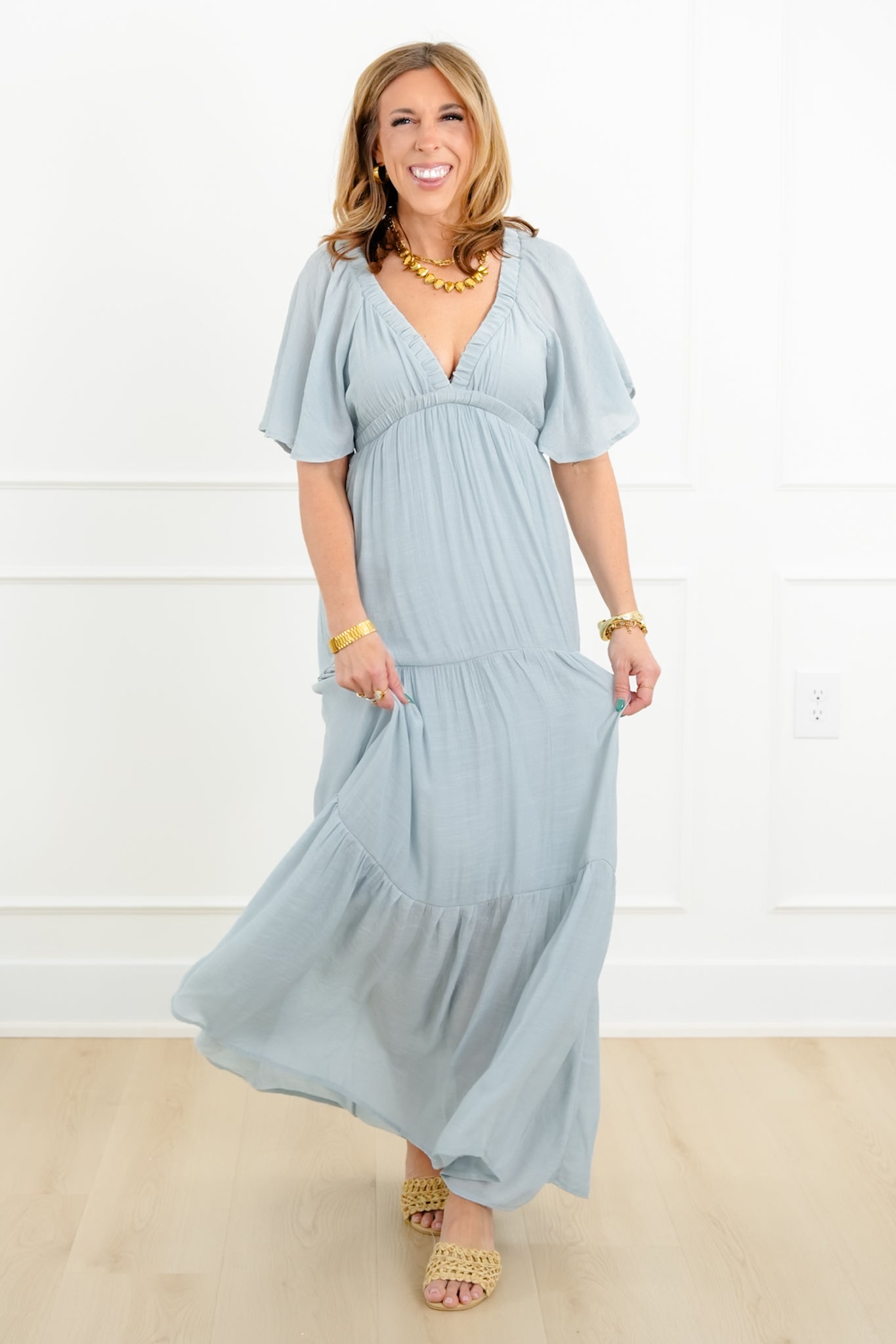 Solid Short Sleeve V Neck Tiered Maxi Dress