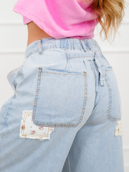 POL Light Wash Star Patch High Waist Wide Leg Pants