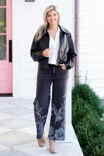 Floral and Bird Print Wide Leg Pants