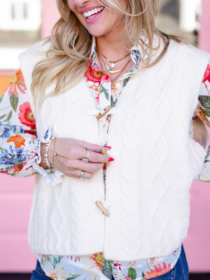 POL Cable Knit Toggle Button Down Sweater Vest - Freckled Poppy
