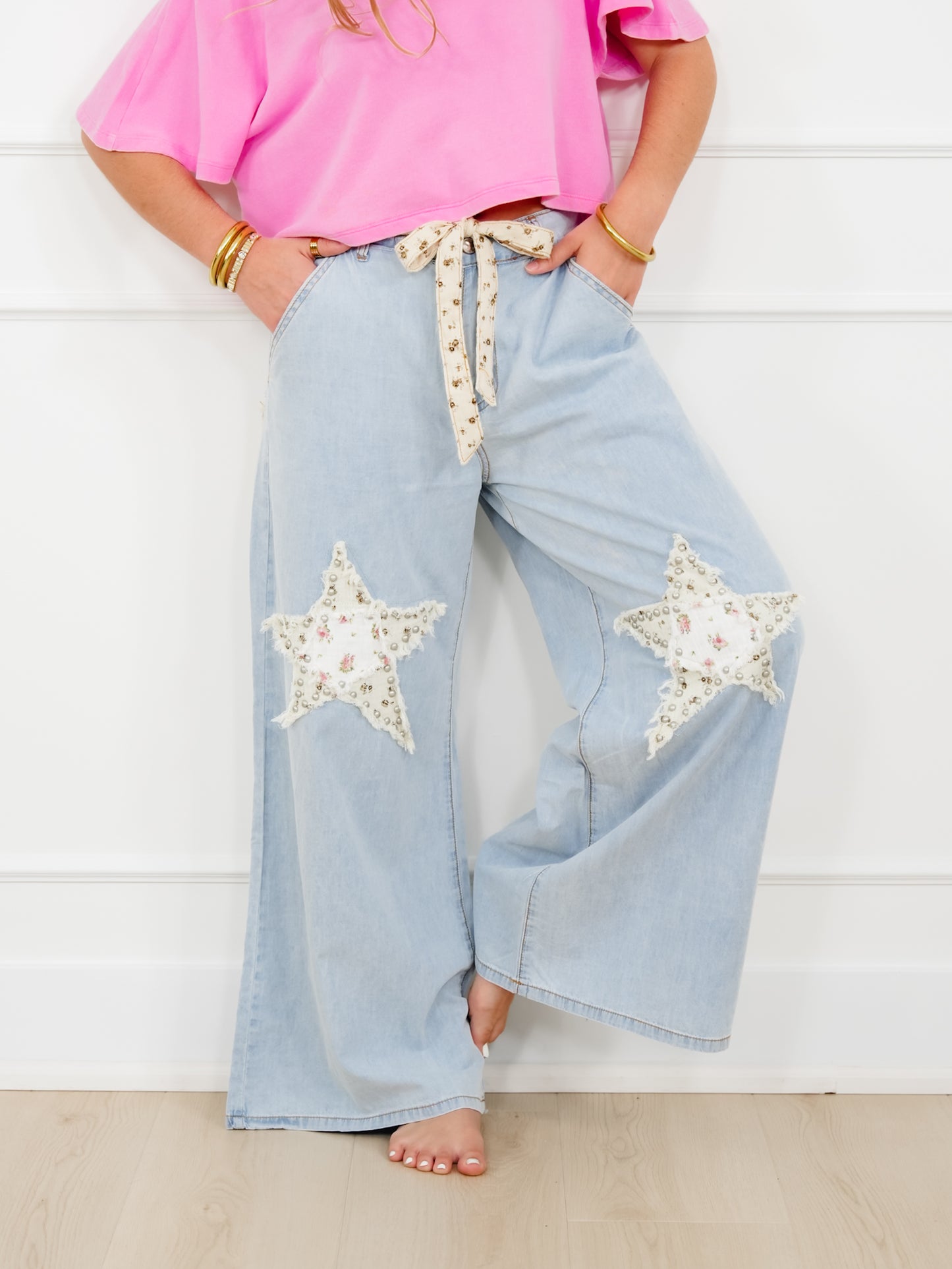 POL Light Wash Star Patch High Waist Wide Leg Pants