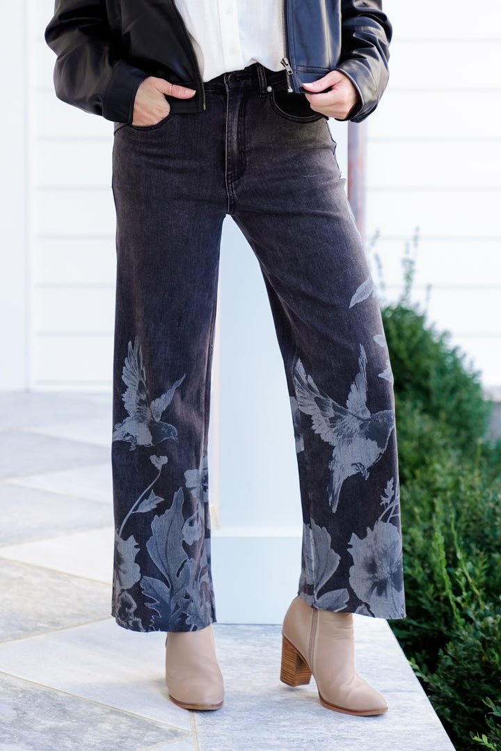 Floral and Bird Print Wide Leg Pants