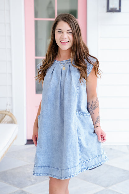 Plus/Reg Washed Cap Sleeve Mini Dress with Pockets