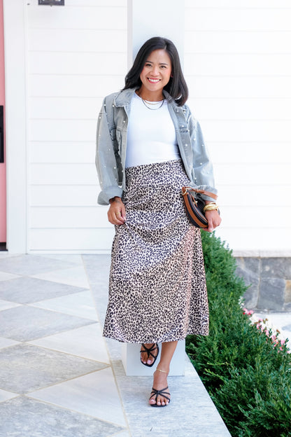 Plus/Reg Leopard Satin Elastic Waist Midi Skirt