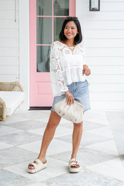 POL Crochet 3/4 Sleeve Round Neck Top with Floral Eyelet Detail