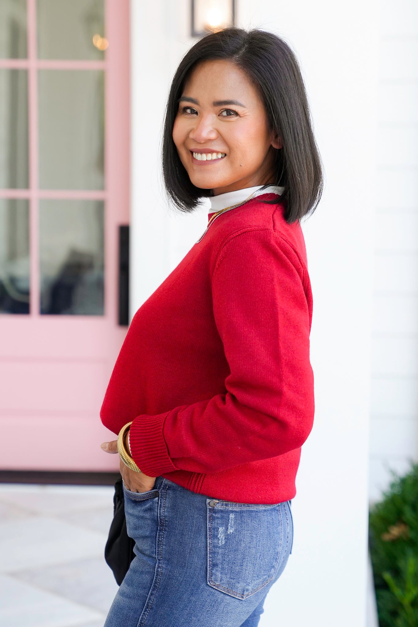 Red Long Sleeve Crew Neck Pullover Sweater