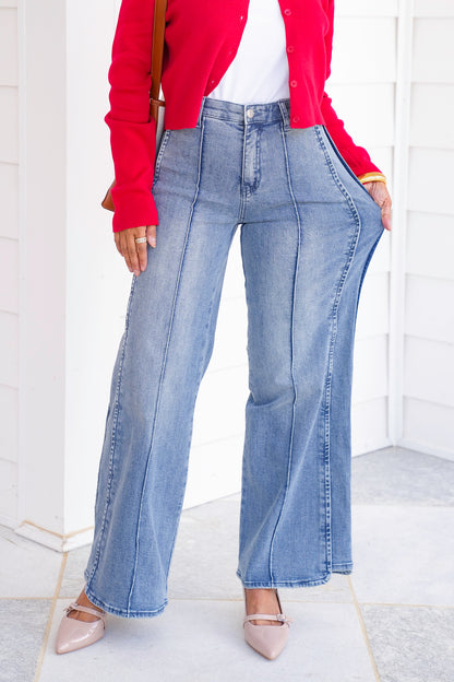 Saige High Rise Medium Wash Tummy Control Wide Leg Jeans