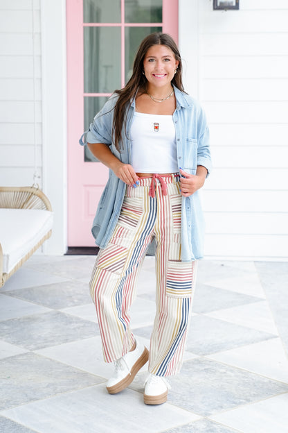Twill Stripe Color Block Barrel Pants