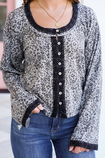 POL Ribbed Long Sleeve Button Up Top with Animal/Camo Print