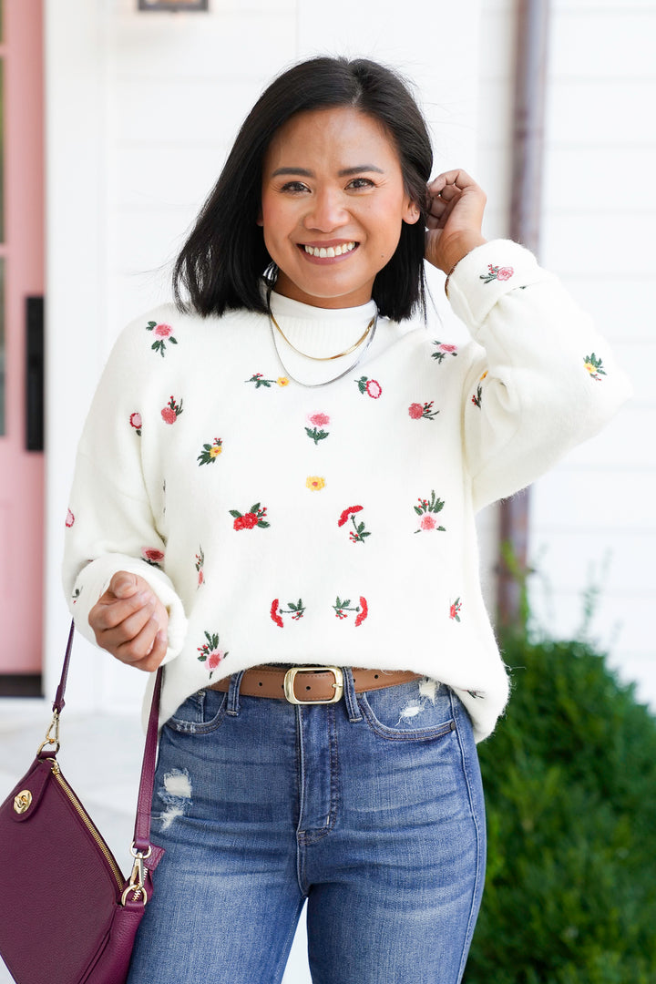 Floral Embroidery Long Sleeve Knit Sweater