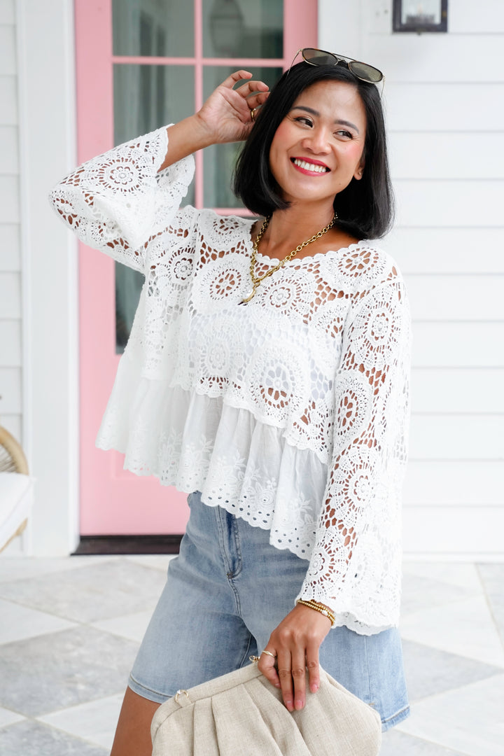 POL Crochet 3/4 Sleeve Round Neck Top with Floral Eyelet Detail