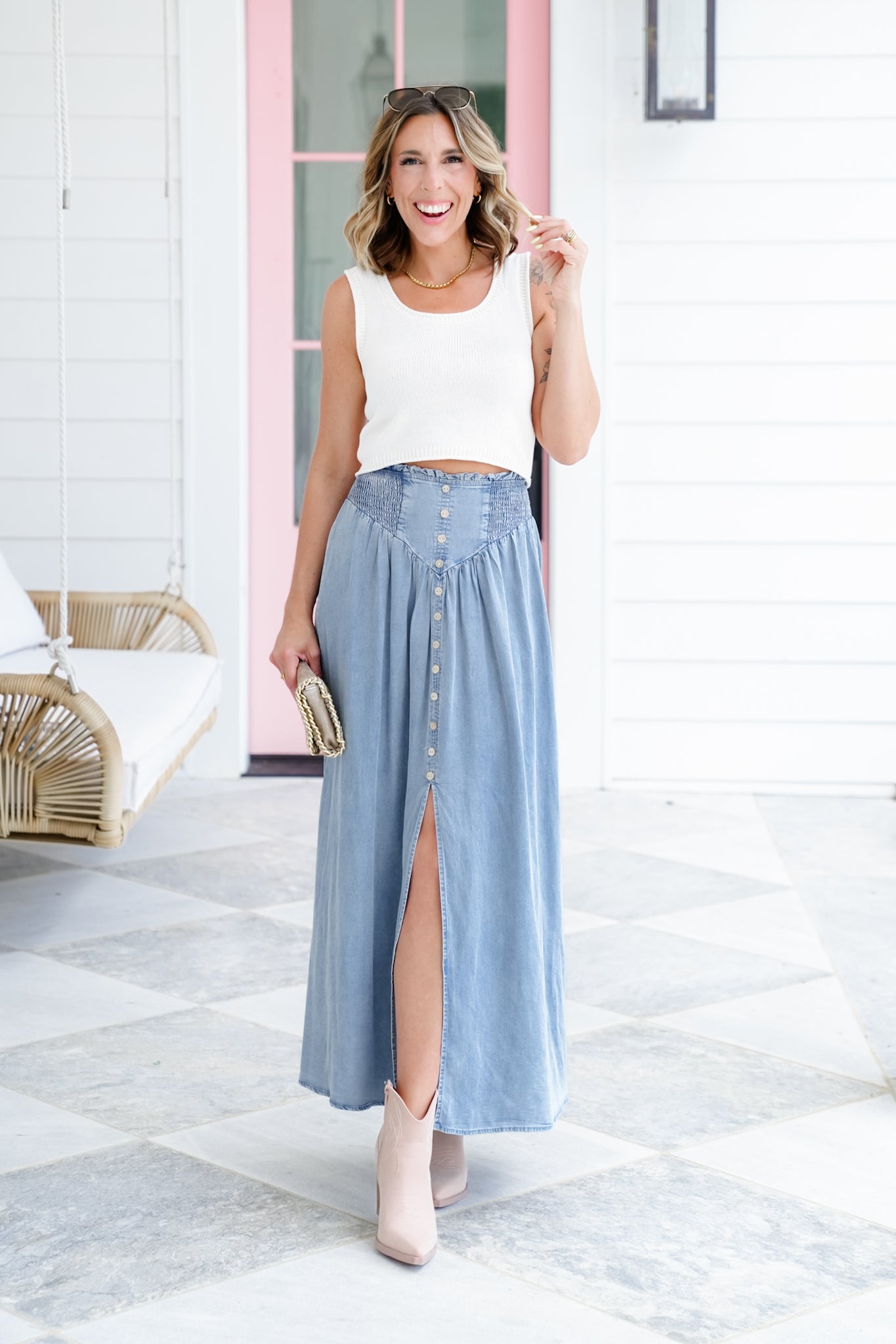Smocked Waist Maxi Skirt with Front Slit Detail