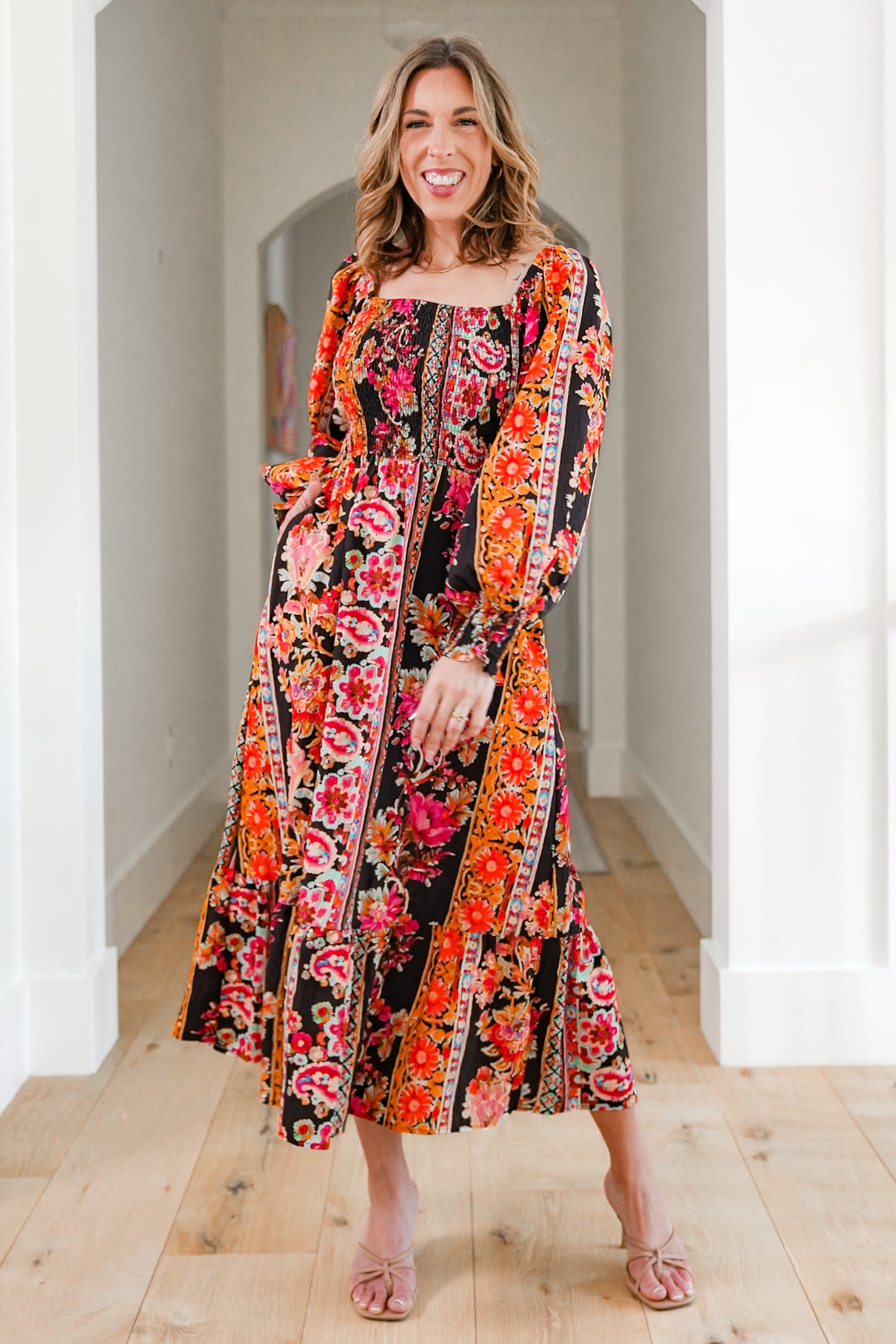 Plus/Reg Long Sleeve Floral Print Smocked Bodice Maxi Dress