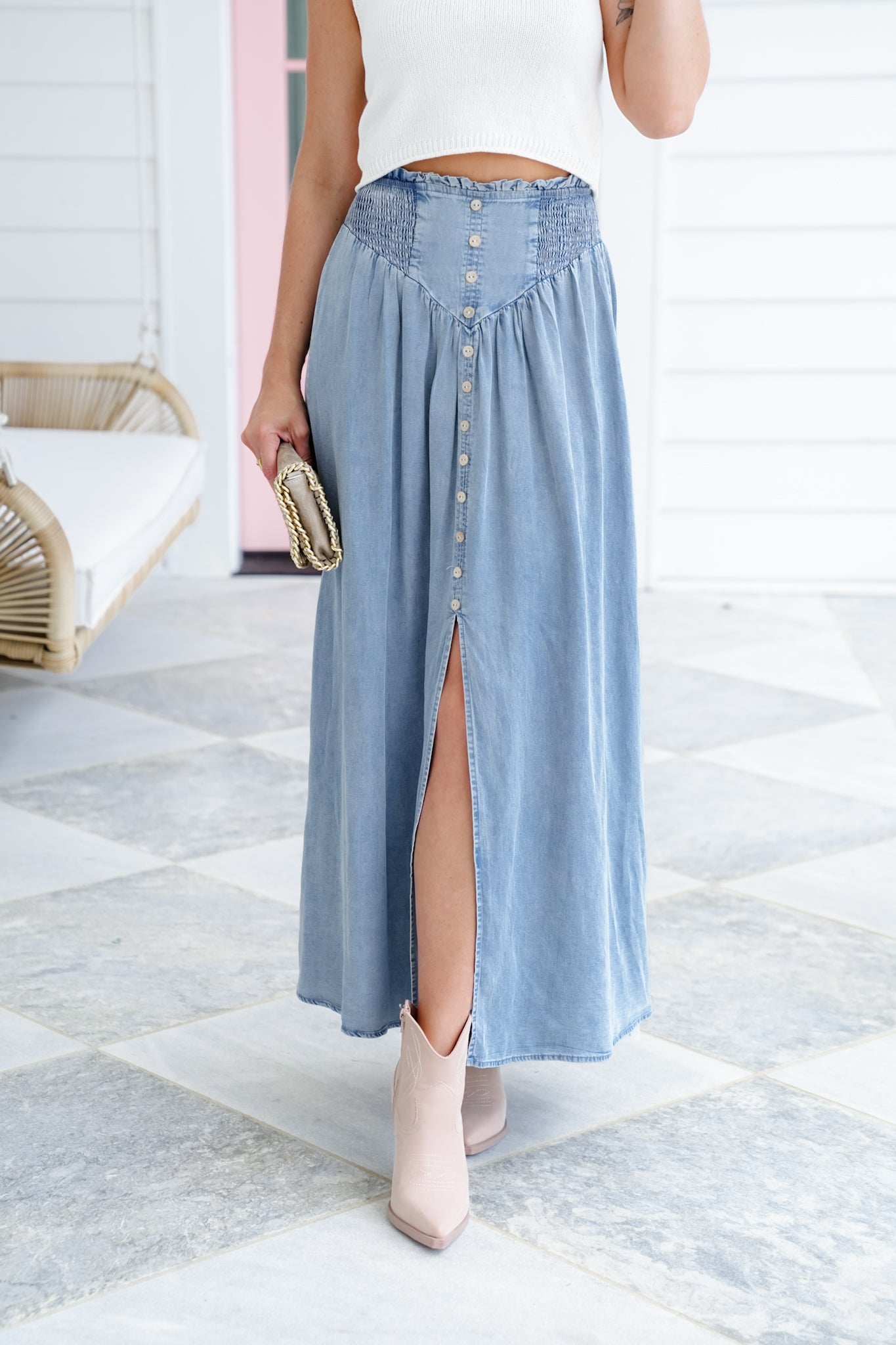 Smocked Waist Maxi Skirt with Front Slit Detail