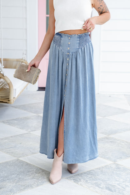 Smocked Waist Maxi Skirt with Front Slit Detail