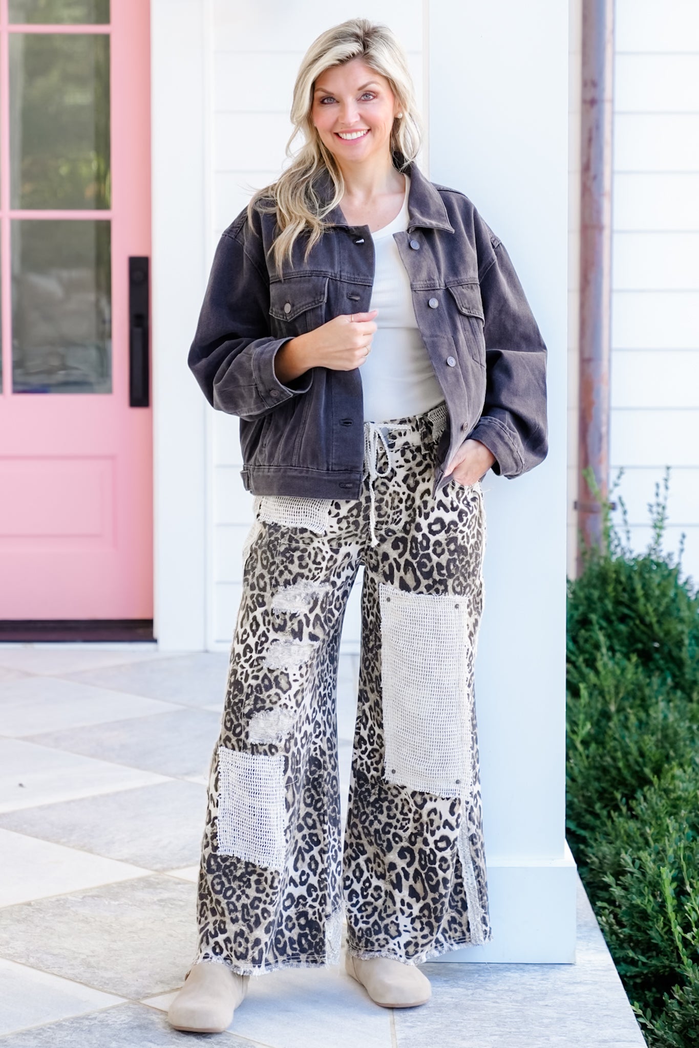 POL Leopard Distressed Wide Leg Pants