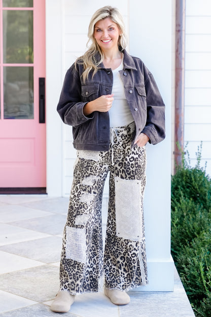 POL Leopard Distressed Wide Leg Pants
