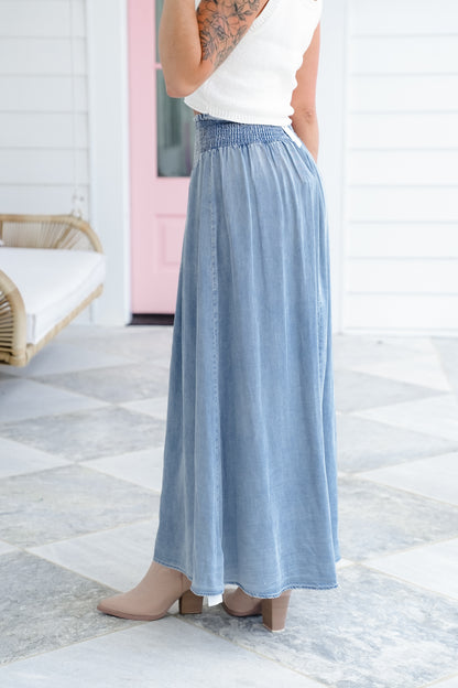 Smocked Waist Maxi Skirt with Front Slit Detail