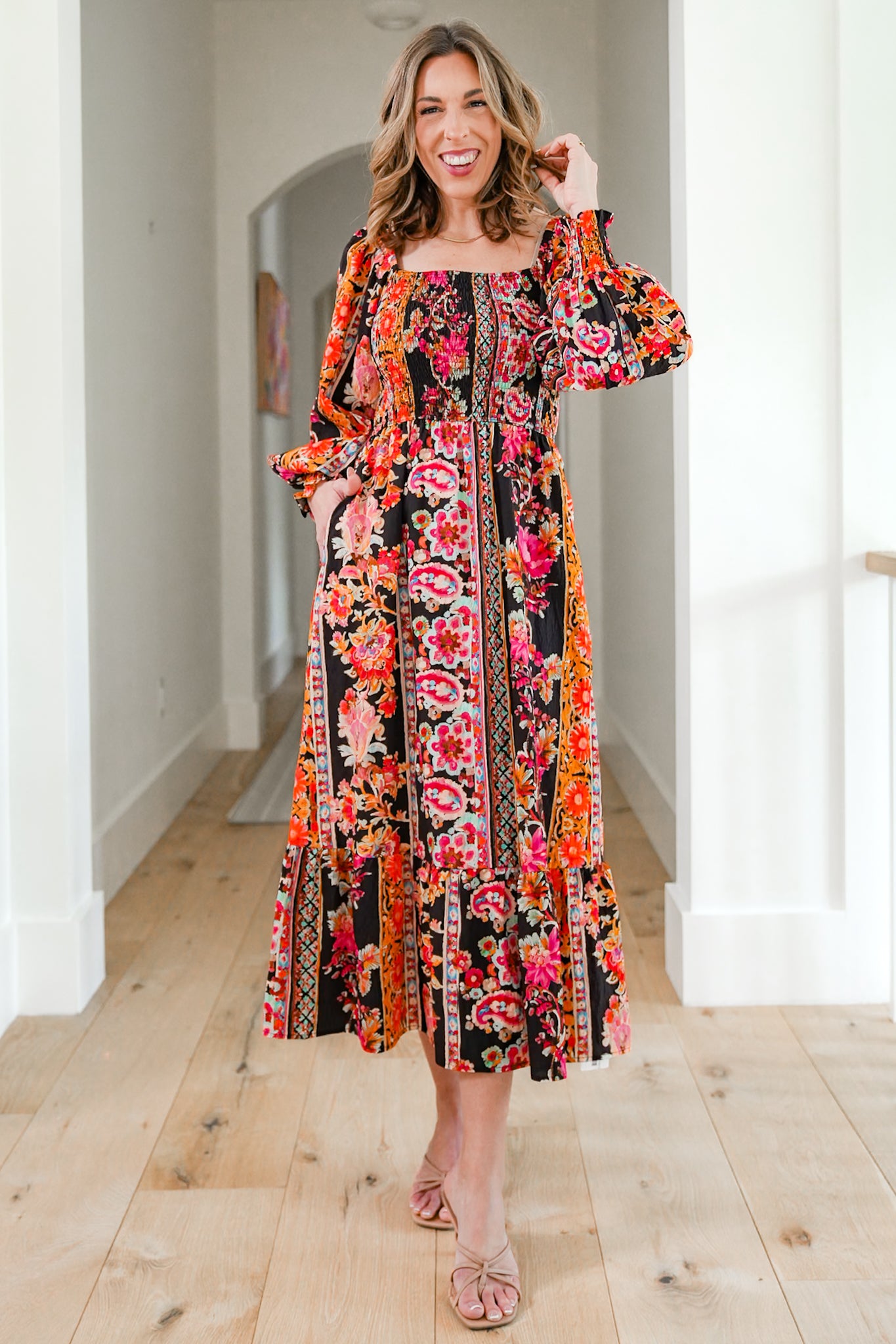 Plus/Reg Long Sleeve Floral Print Smocked Bodice Maxi Dress