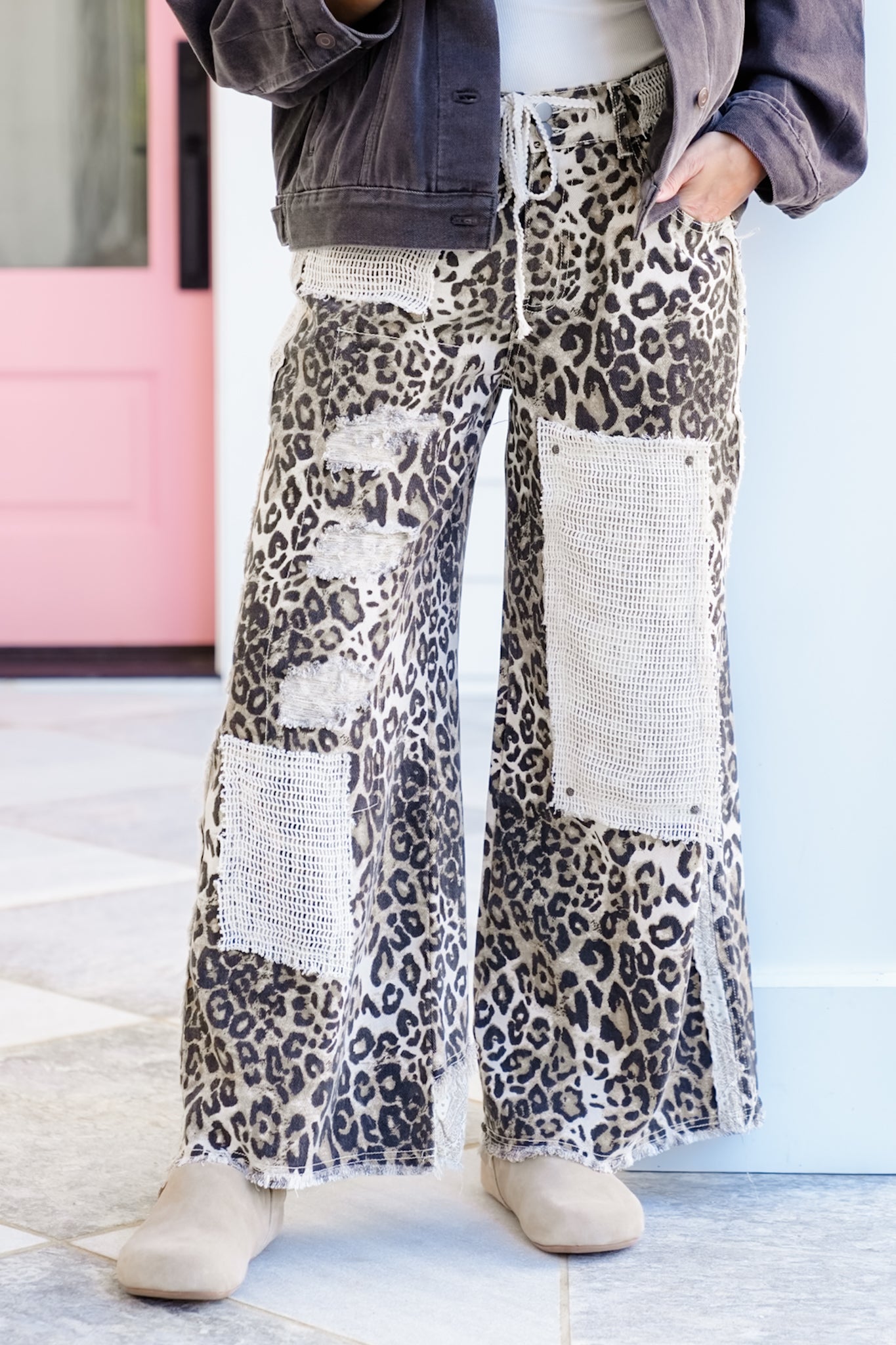 POL Leopard Distressed Wide Leg Pants