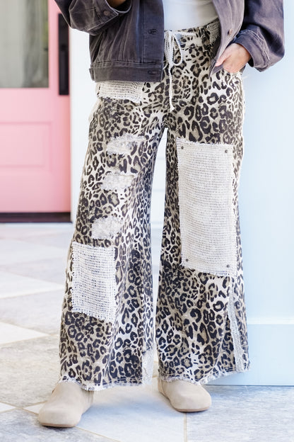 POL Leopard Distressed Wide Leg Pants