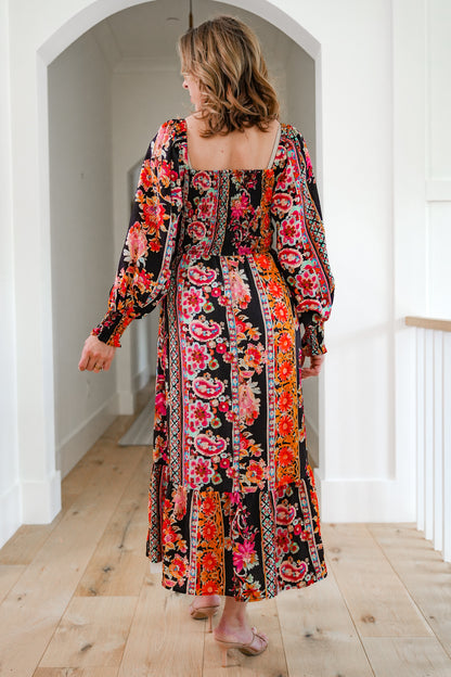 Plus/Reg Long Sleeve Floral Print Smocked Bodice Maxi Dress