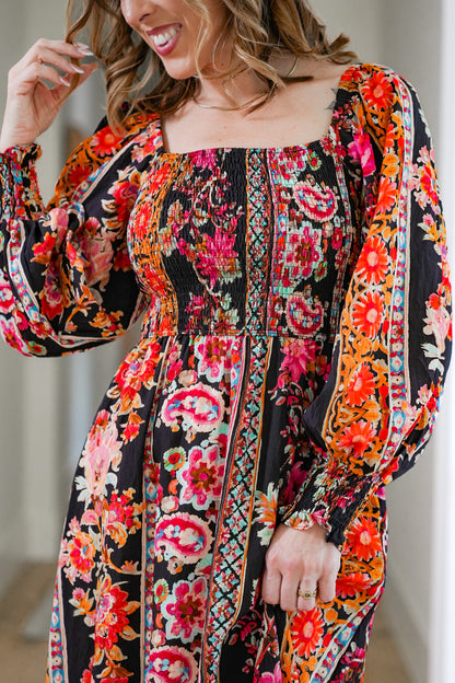 Plus/Reg Long Sleeve Floral Print Smocked Bodice Maxi Dress