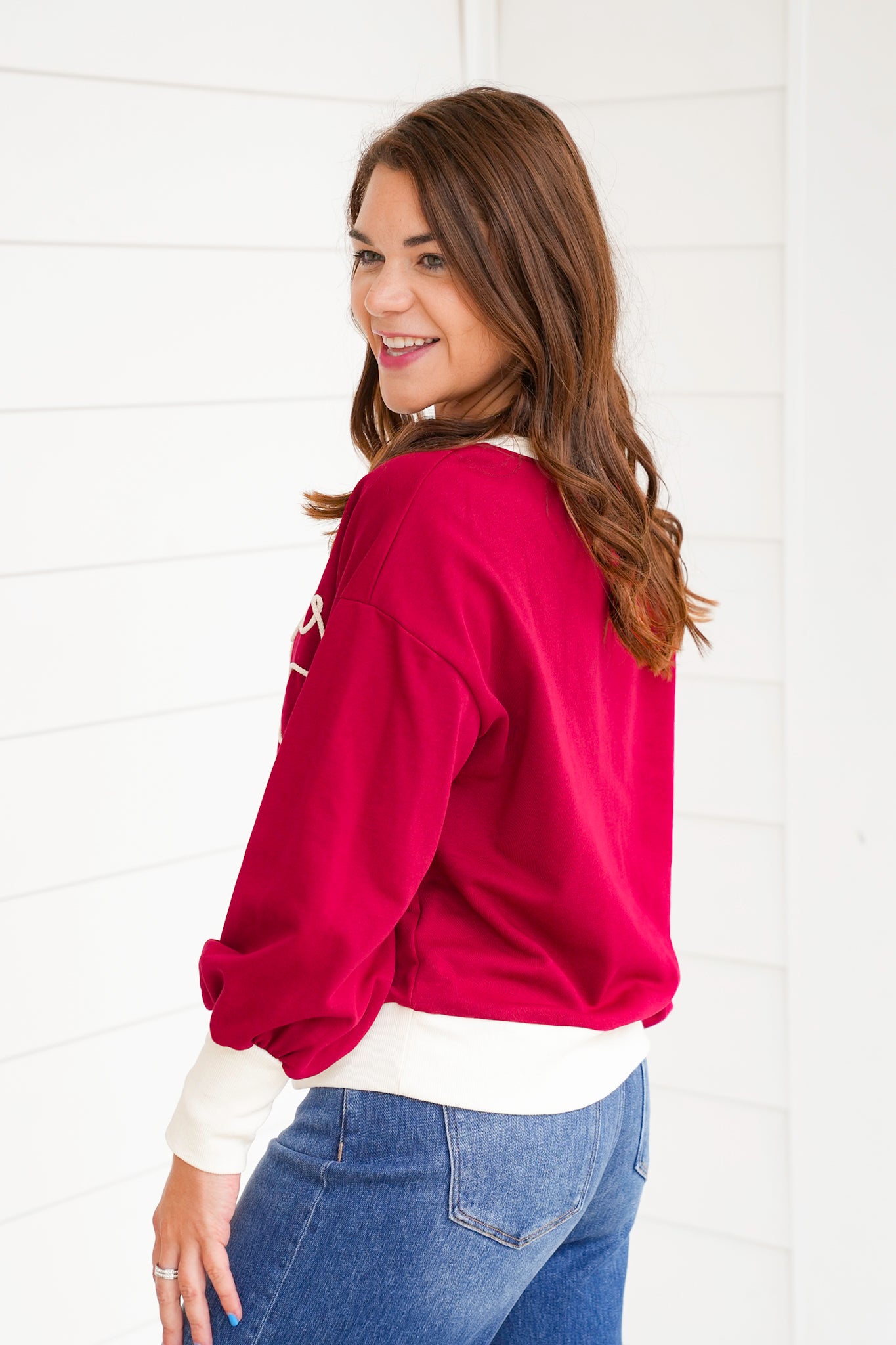 Plus/Reg Long Sleeve Embroidered "Game Day" Pullover Sweatshirt