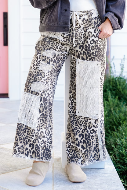 POL Leopard Distressed Wide Leg Pants