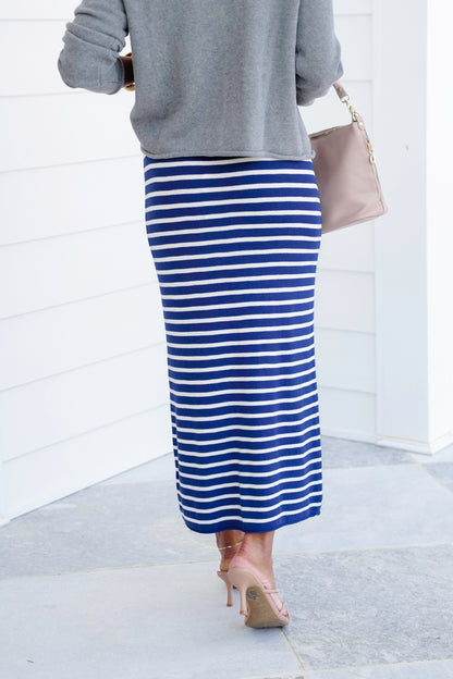 Navy Stripe Elastic Waist Midi Knit Skirt