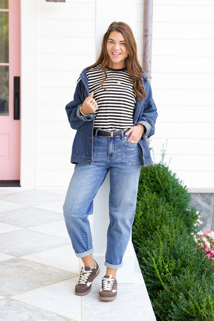 Stripe Short Raglan Sleeve Knit Top