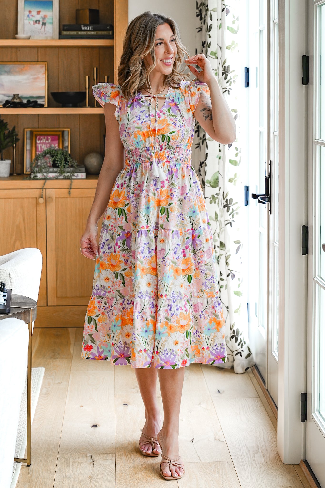 Plus/Reg Sleeveless Floral Print Midi Dress With Front Neck Tie