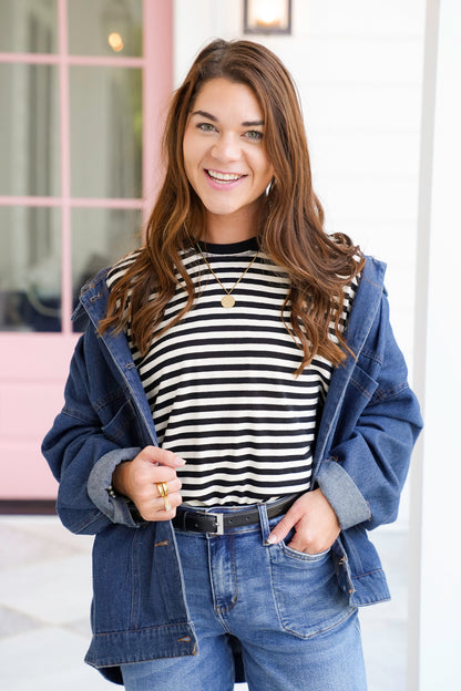 Stripe Short Raglan Sleeve Knit Top