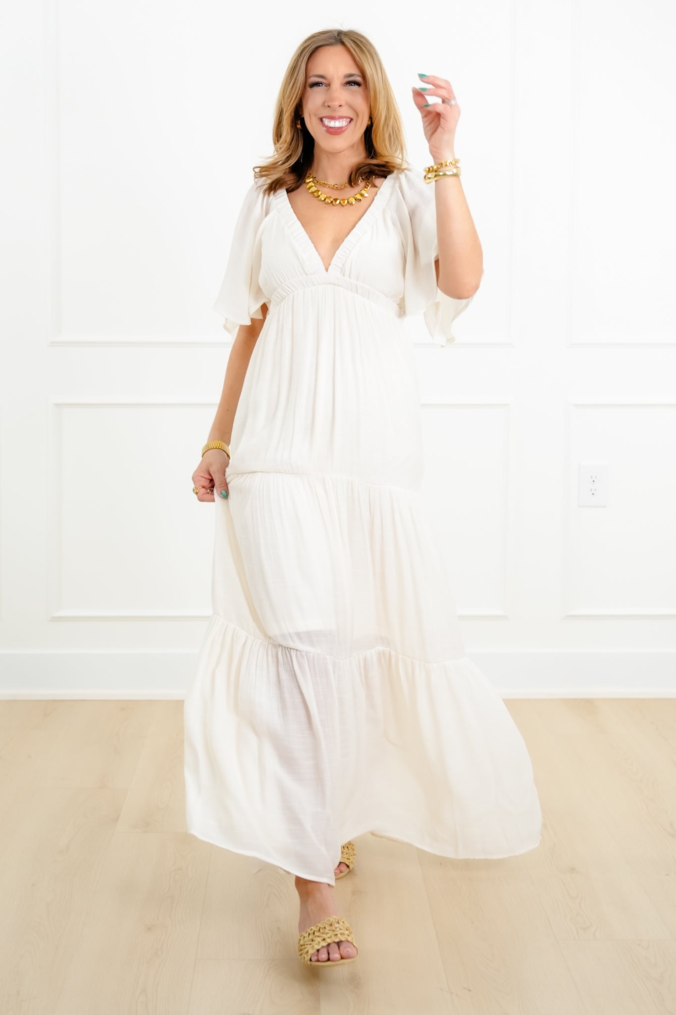 Solid Short Sleeve V-Neck Tiered Maxi Dress Orange / S