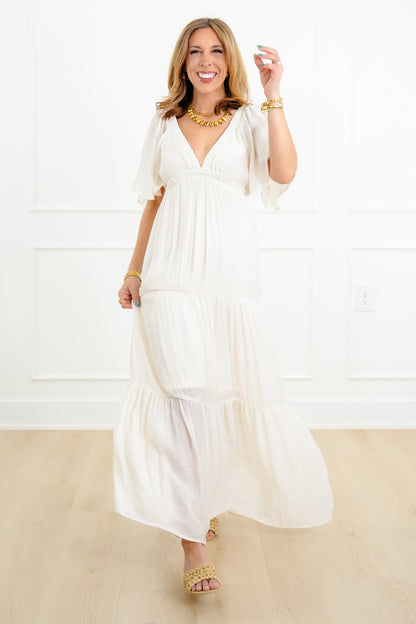 Solid Short Sleeve V Neck Tiered Maxi Dress