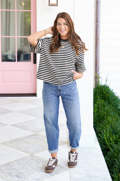 Stripe Short Raglan Sleeve Knit Top