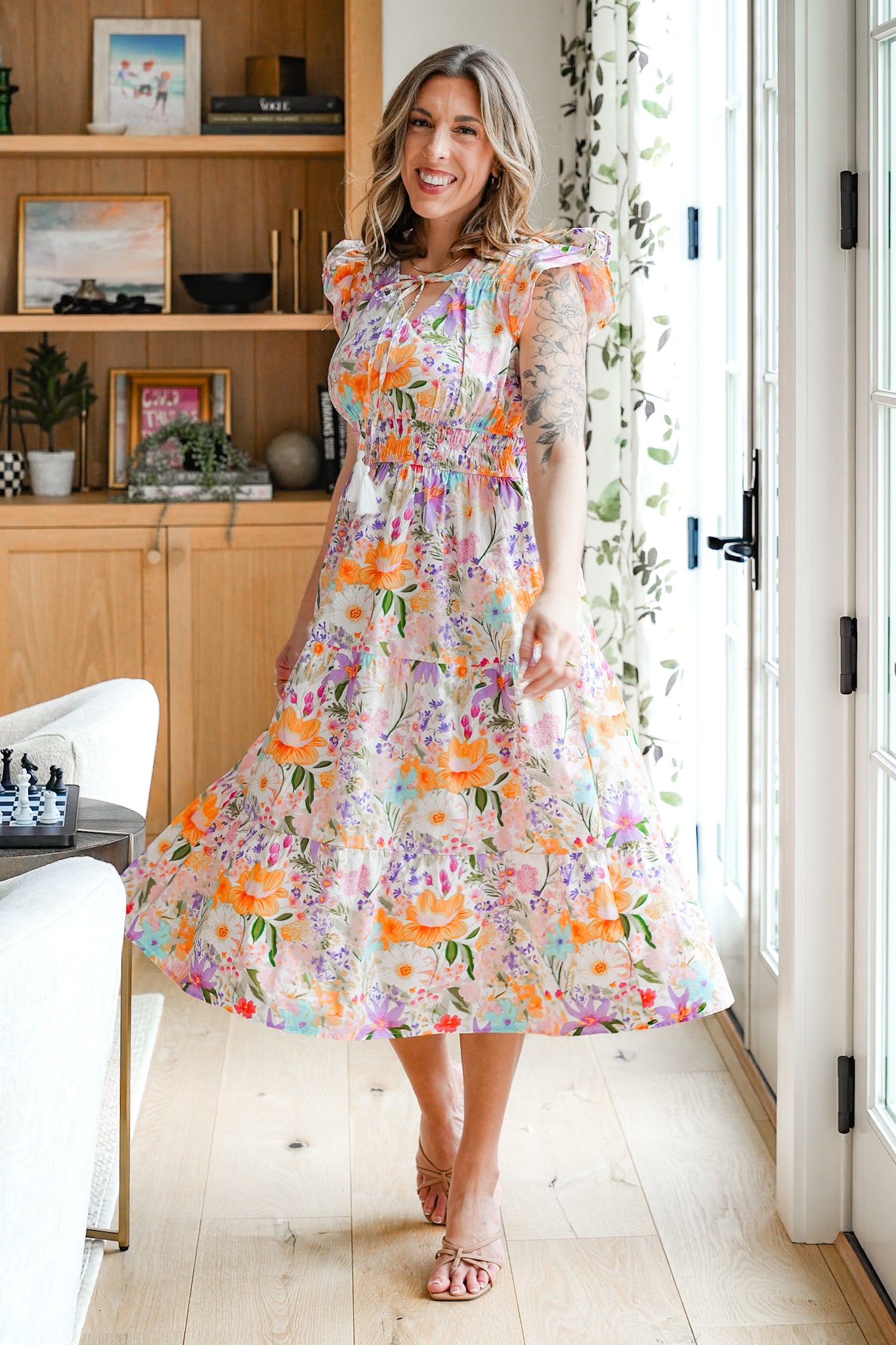 Plus/Reg Sleeveless Floral Print Midi Dress With Front Neck Tie