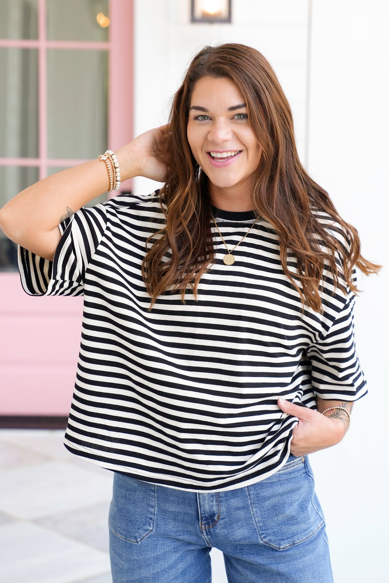 Stripe Short Raglan Sleeve Knit Top