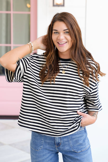 Stripe Short Raglan Sleeve Knit Top