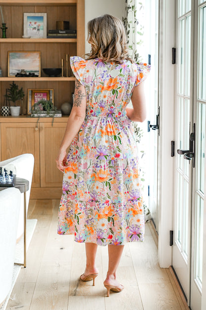 Plus/Reg Sleeveless Floral Print Midi Dress With Front Neck Tie