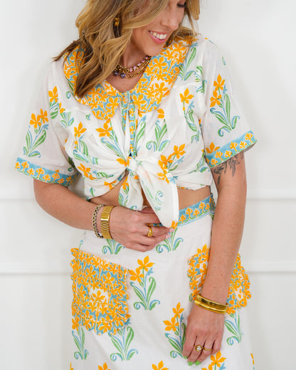 POL Floral Print Short Sleeve Button Up Blouse