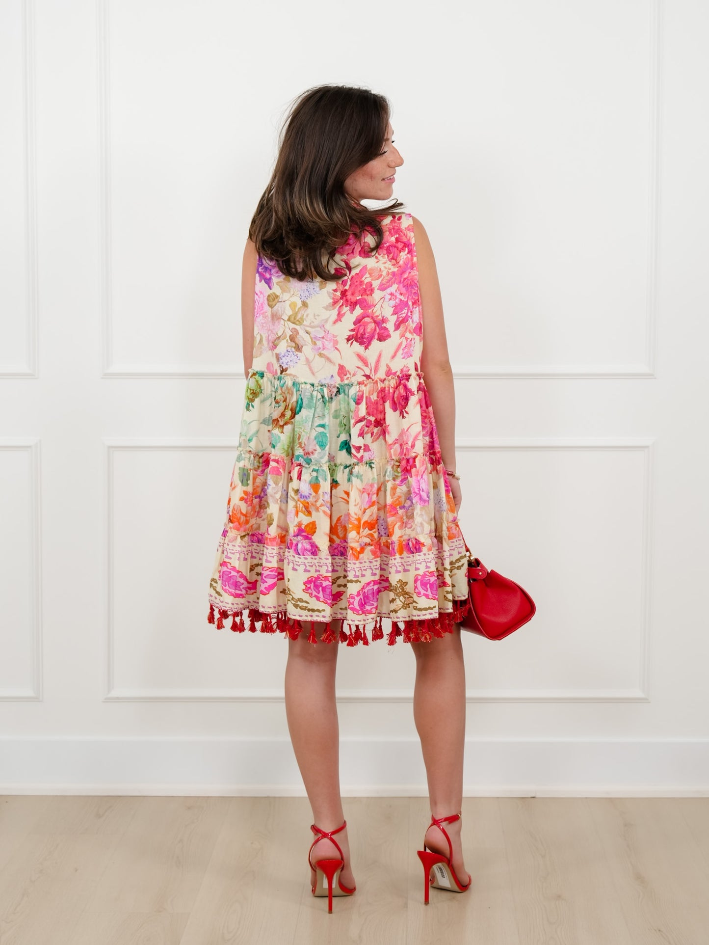 POL Floral Print Sleeveless Button Down Dress with Tassel Hem