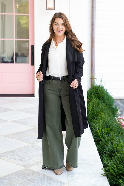 Vegan Suede Long Sleeve Belted Trench Coat