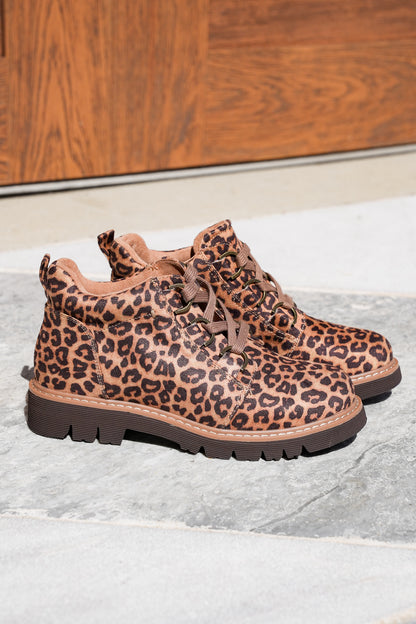 Corky's "Campfire" Animal Print Lace Up Lug Sole Bootie with Chunky Tread