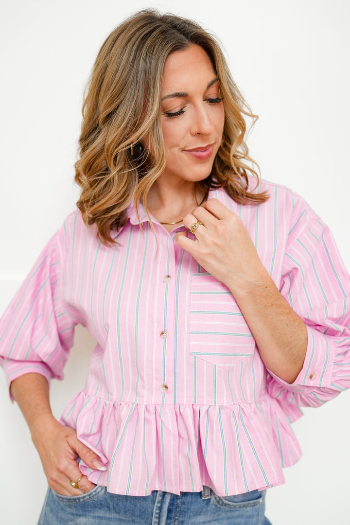 Striped 3/4 Sleeve Button Down Top with Ruffles